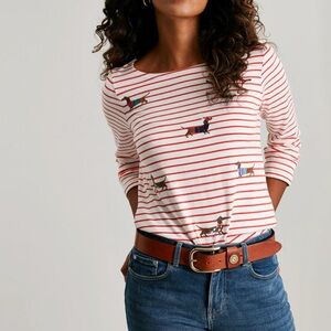 Joules Harbour Luxe Striped Top Festive embroidered sausage dogs size US 14